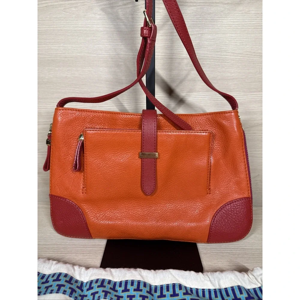 Tory Burch Pebbled Leather Crossbody‎ Bag Orange Red Leather Gold Expandable